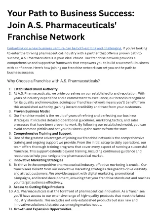 Your Path to Business Success Join A.S. Pharmaceuticals' Franchise Network