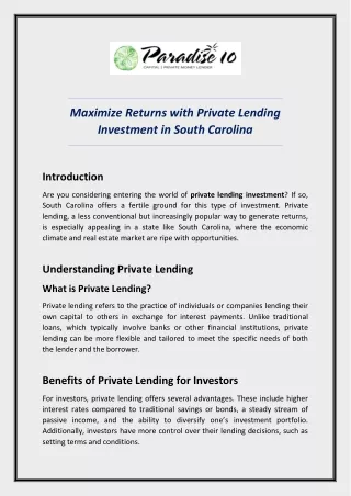 Maximize Returns with Private Lending Investment in South Carolina