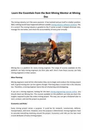 Learn the Essentials from the Best Mining Mentor at Mining Doc