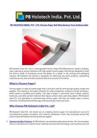 Chromo Paper Roll Manufacturer from Kolkata India