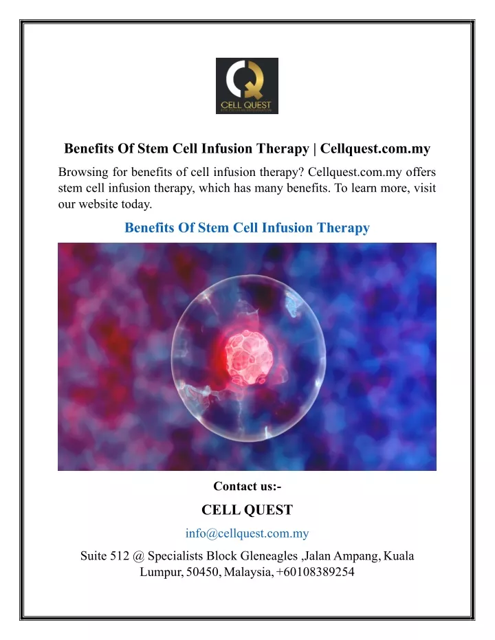 benefits of stem cell infusion therapy cellquest