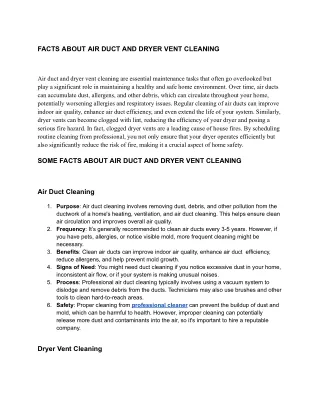 FACTS ABOUT AIR DUCT AND DRYER VENT CLEANING