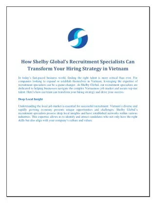 How Shelby Globals Recruitment Specialists Can Transform Your Hiring Strategy in Vietnam