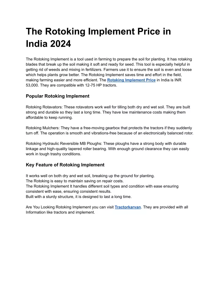 the rotoking implement price in india 2024