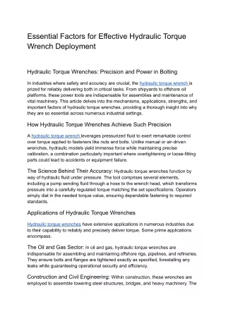 Essential Factors for Effective Hydraulic Torque Wrench Deployment