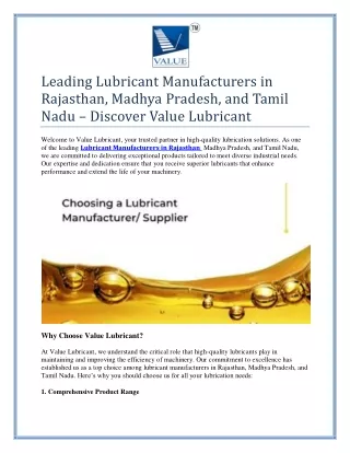 Lubricant Manufacturers in Rajasthan, Madhya Pradesh, and Tamil Nadu