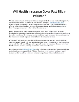 Will Health Insurance Cover Past Bills in Pakistan