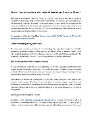 How to Ensure Compliance with Industrial Wastewater Treatment Blower?