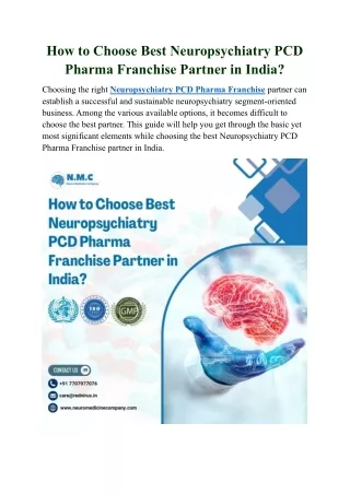 How to Choose Best Neuropsychiatry PCD Pharma Franchise Partner?