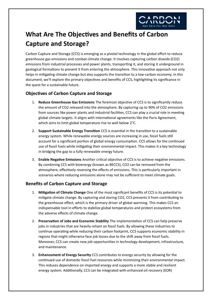 what are the objectives and benefits of carbon