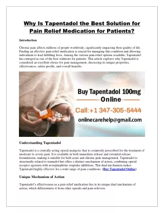 Why is Tapentadol the Best Solution for Pain Relief Medication for Patients?
