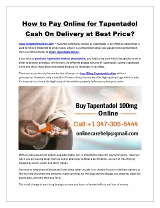 How to Pay Online for Tapentadol Cash on Delivery at Best Price?