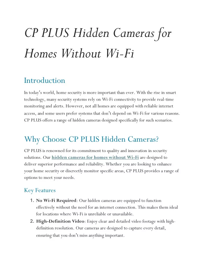 cp plus hidden cameras for homes without wi fi