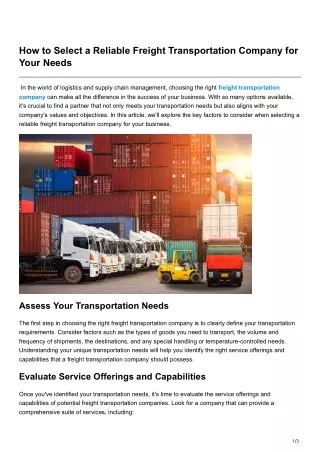 How to Select a Reliable Freight Transportation Company for Your Needs