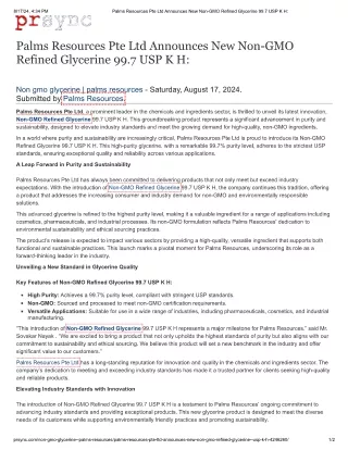 Palms Resources Pte Ltd Announces New Non-GMO Refined Glycerine 99.7 USP K H