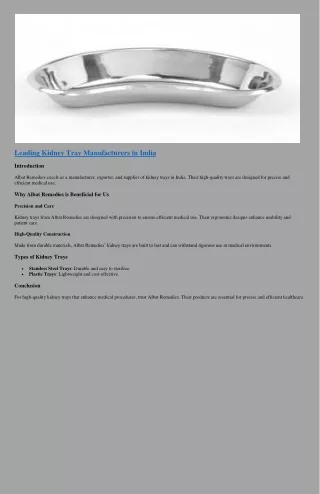 Albat Remedies: Trusted Kidney Tray Manufacturer and Exporter