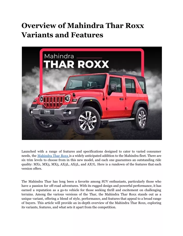 overview of mahindra thar roxx variants