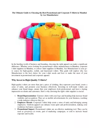 The Ultimate Guide to Choosing the Best Promotional and Corporate T-Shirts in Mumbai by Ace Manufacturer