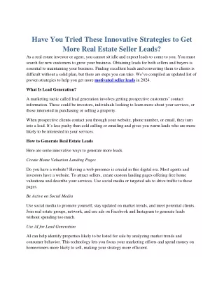 Have You Tried These Innovative Strategies to Get More Real Estate Seller Leads?