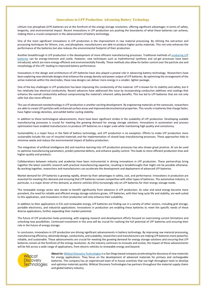innovations in lfp production advancing battery