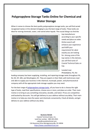 Polypropylene Storage Tanks Online for Chemical and Water Storage
