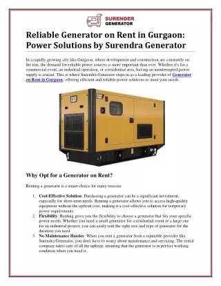 Reliable Generator on Rent in Gurgaon for Every Need