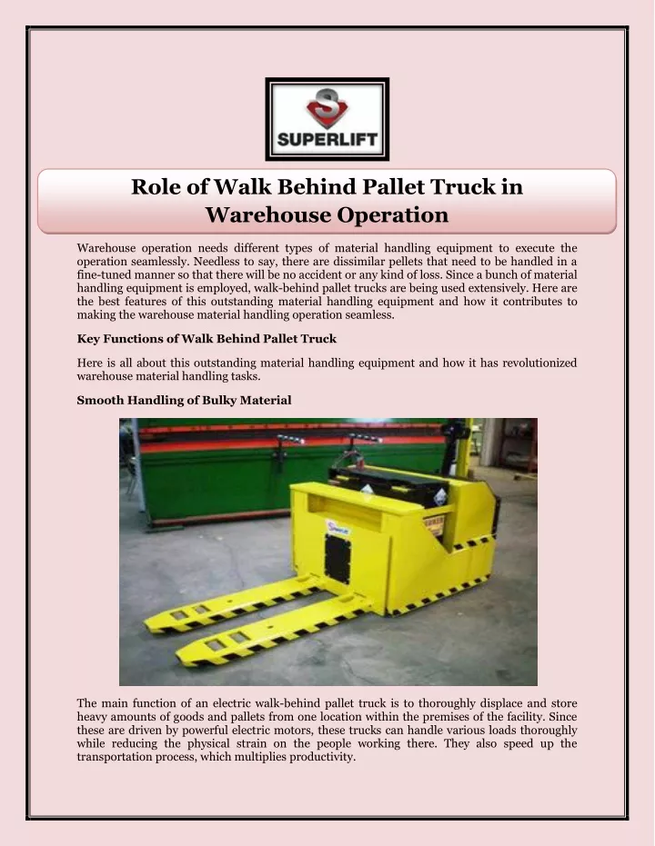 role of walk behind pallet truck in warehouse