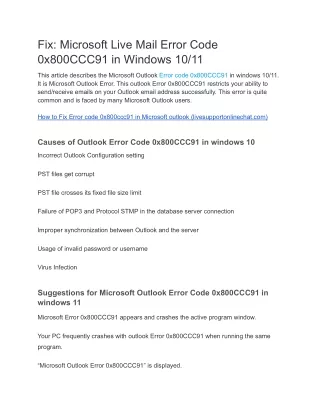 fix microsoft live mail error code 0x800ccc91