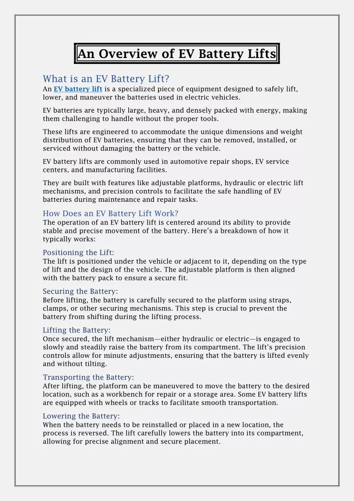 an overview of ev battery lifts