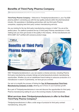 Benefits of Third Party Pharma Company