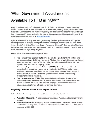 What Government Assistance is Available To FHB in NSW