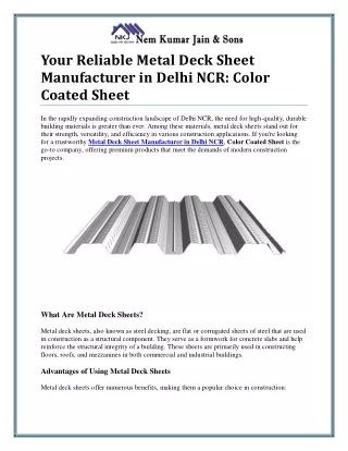 Trusted Metal Deck Sheet Manufacturer in Delhi NCR for Superior Construction