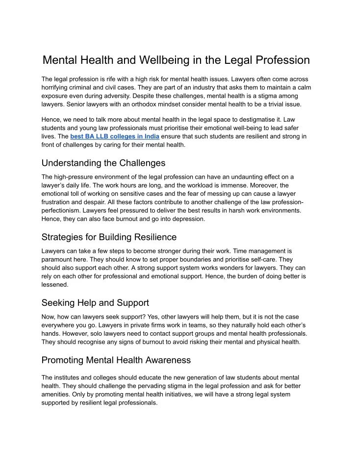 mental health and wellbeing in the legal