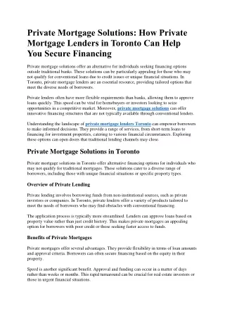 Private Mortgage Solutions  How Private Mortgage Lenders in Toronto Can Help You Secure Financing