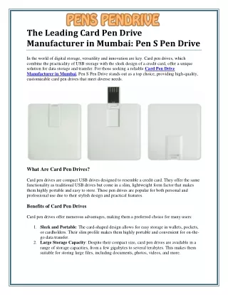 Card Pen Drive Manufacturer in Mumbai for Sleek and Practical Storage