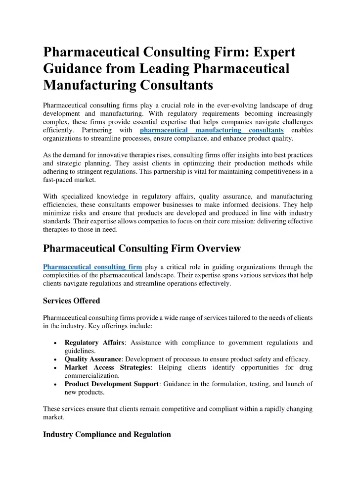 pharmaceutical consulting firm expert guidance