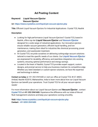 Enhance Industrial Efficiency with Crystal TCS's Liquid Vacuum Ejectors and Vacuum Ejectors