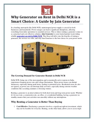 Reliable Generator on Rent in Delhi NCR for Uninterrupted Power Supply