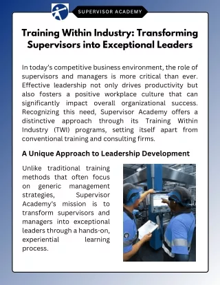 Training Within Industry: Transforming Supervisors into Exceptional Leaders