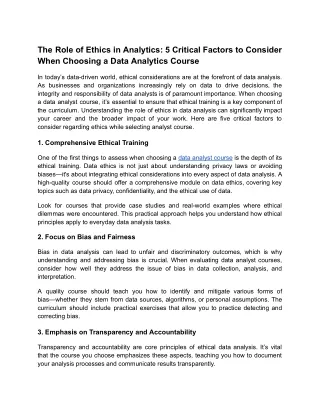 Role of Ethics and Considerations in data analytics