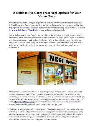 A Guide to Eye Care: Trust Negi Opticals for Your Vision Needs