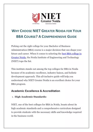 Why Choose NIET Greater Noida for Your BBA Course? A Comprehensive Guide