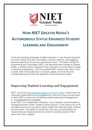 How NIET Greater Noida’s Autonomous Status Enhances Student Learning and Engagem