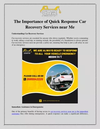 The Importance of Quick Response Car Recovery Services near Me