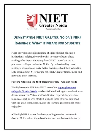 Demystifying NIET Greater Noida’s NIRF Rankings: What It Means for Students