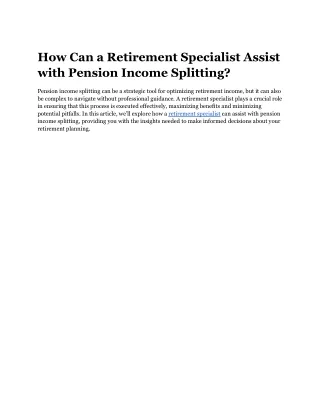 How Can a Retirement Specialist Assist with Pension Income Splitting