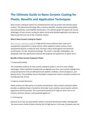 The Ultimate Guide to Nano Ceramic Coating for Plastic-Benefits and Application Techniques