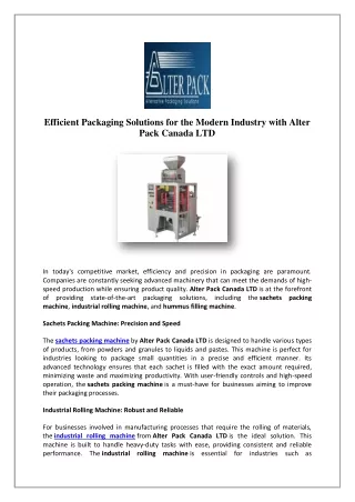 Automatic Packaging Machine | Alter Pack
