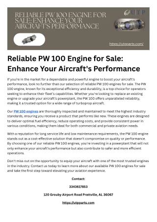 Reliable PW 100 Engine for Sale Enhance Your Aircraft's Performance