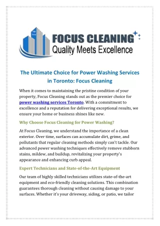 The Ultimate Choice for Power Washing Services in Toronto: Focus Cleaning